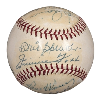 Circa 1957 Hall of Famers Multi-Signed Baseball with 12 Signatures Inlcluding Foxx, Baker, Speaker, and Cobb (PSA/DNA & JSA)